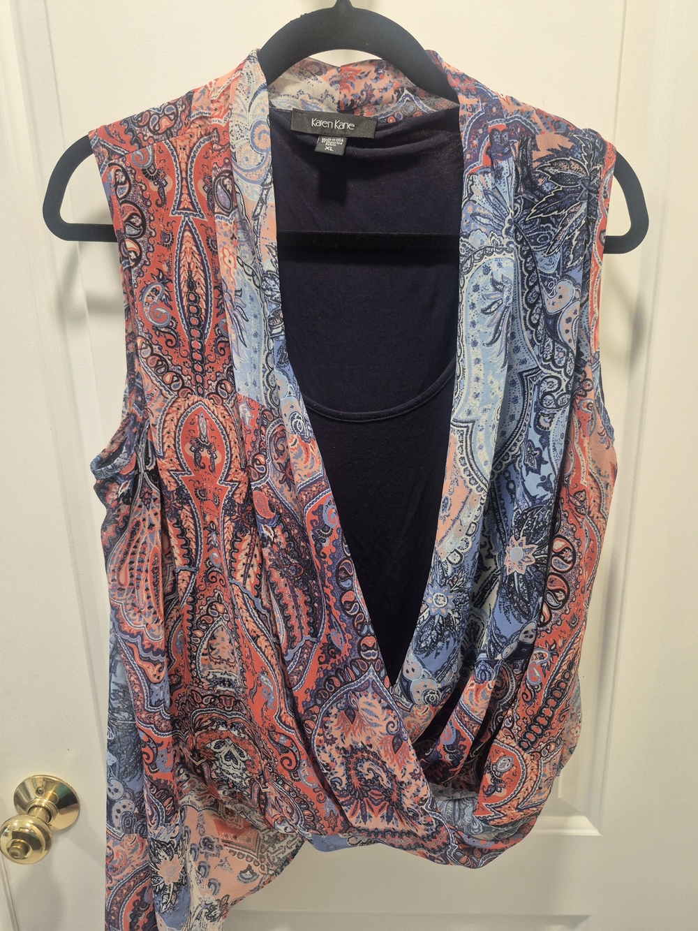 Karen Kane Navy Top with Coral & Light Blue Paisley Trim